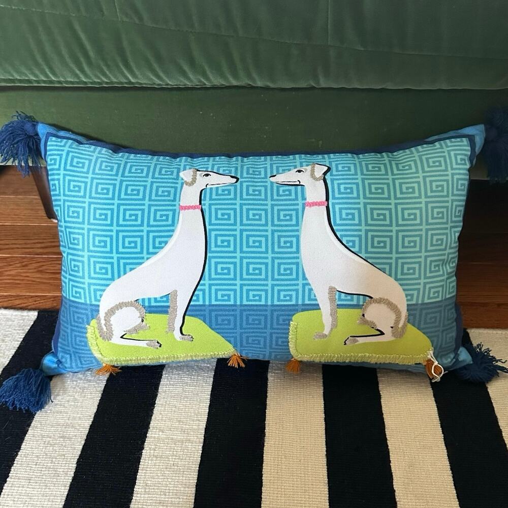 Jonathan Adler Michaels Mod Blue Green Greyhound throw Pillow 12x20” dogs